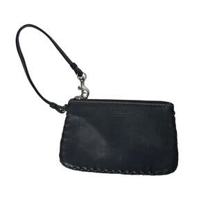 Coach Whipstitch Leather Wristlet – Black Braided Trim – Blue Graphic Lining